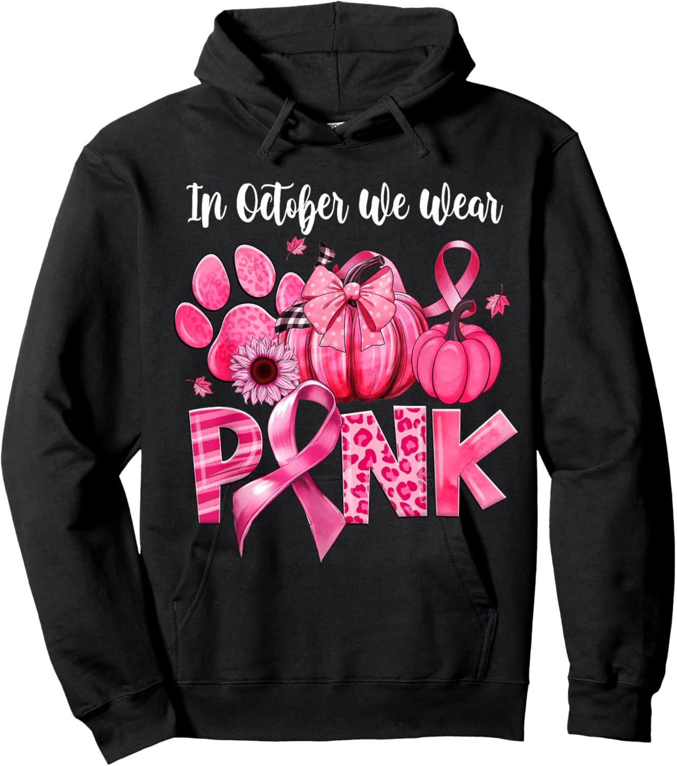 In October We Wear Pink Dog Paw Pumpkin Breast Cancer Hoodie - Hoodie | Black