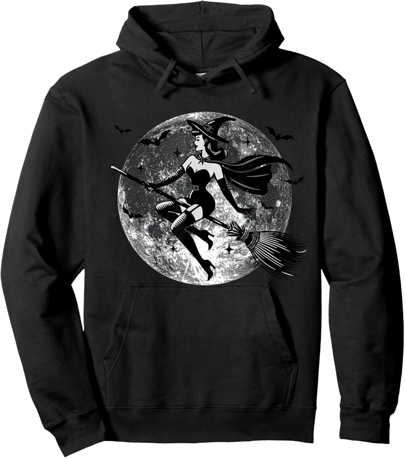 Retro Vintage Sexy Witch on the Broom Moon Halloween Hoodie - Hoodie | Black