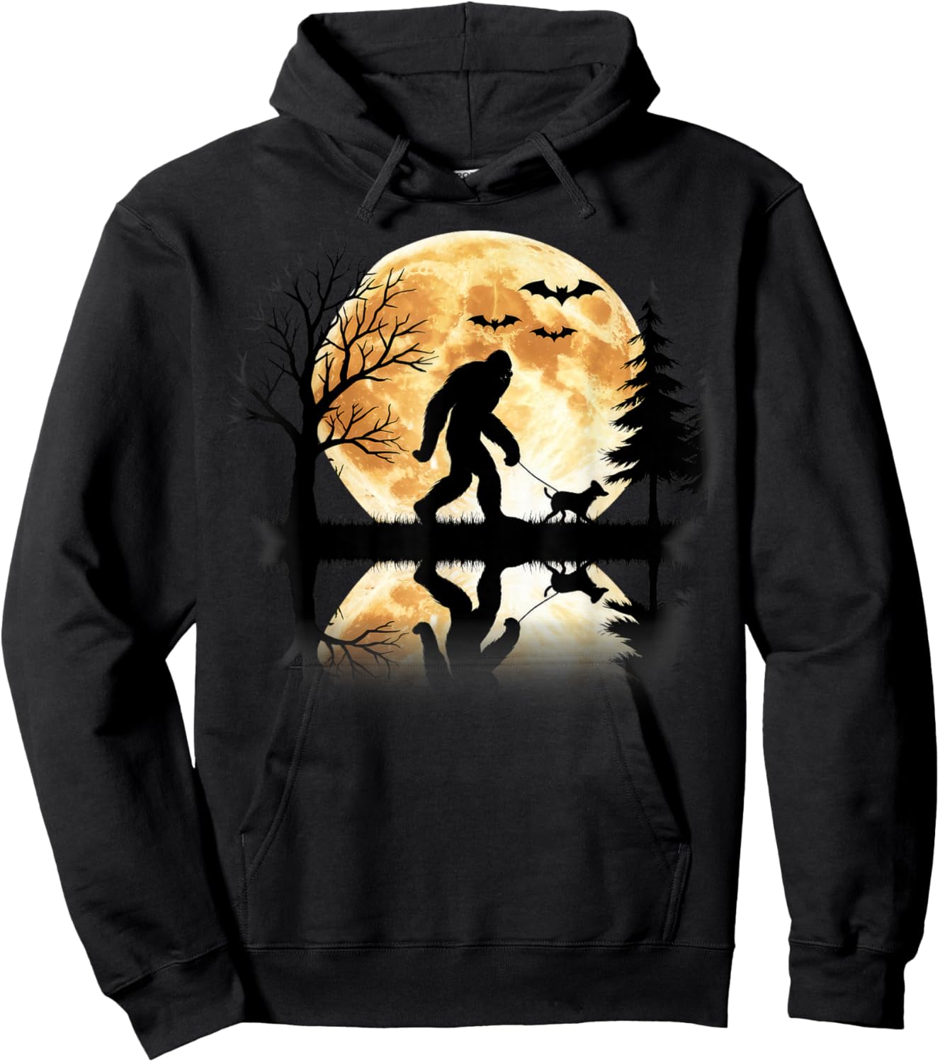 Bigfoot Walking With Dog Funny Halloween Moon Hoodie - Hoodie | Black