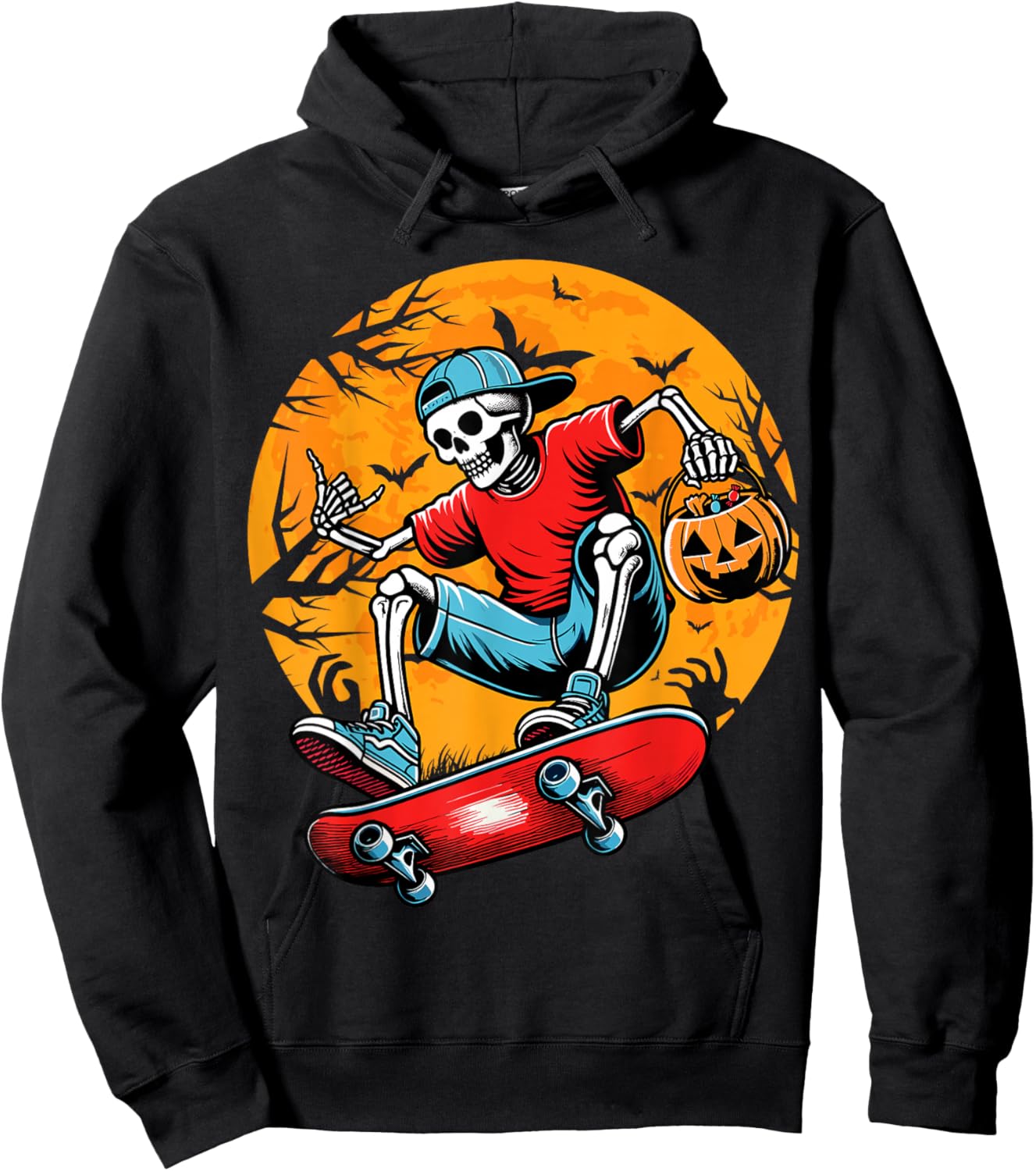 Skateboarding Skeleton Pumpkin Funny Skateboard Halloween Hoodie - Hoodie | Black