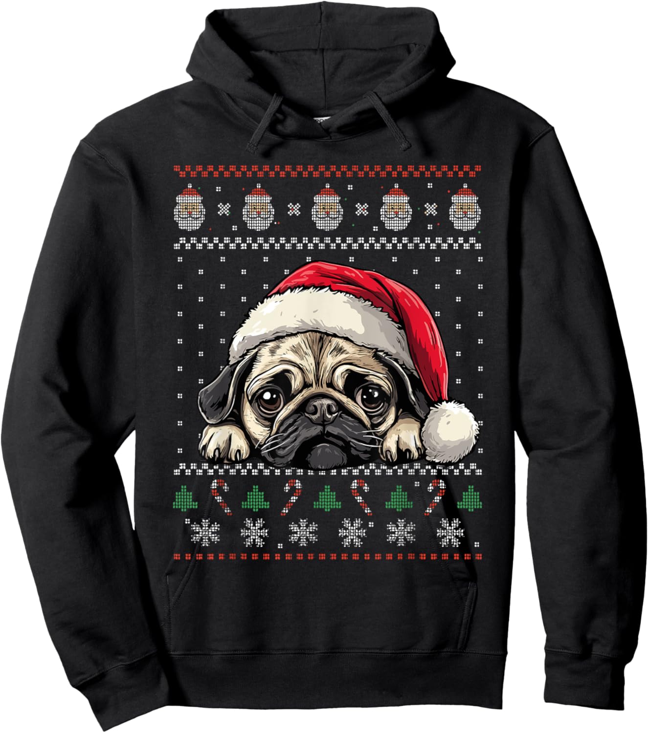Ugly Christmas Sweater Pug Santa Hat Dog Lover Art Hoodie - Hoodie | Black