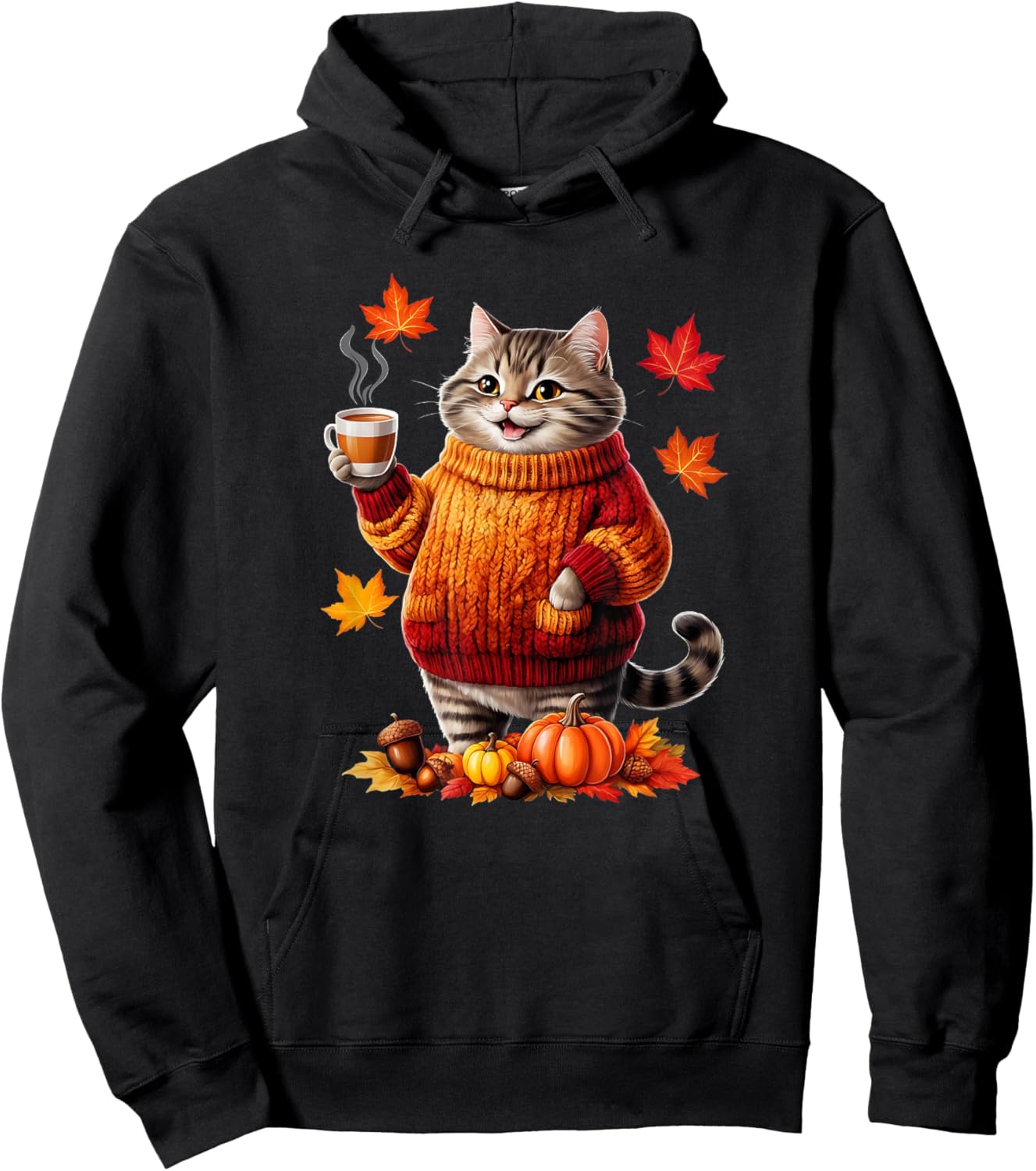 Cozy Cat With Sweater Funny Fall Graphic Women Girls Kids Hoodie - Hoodie | Black