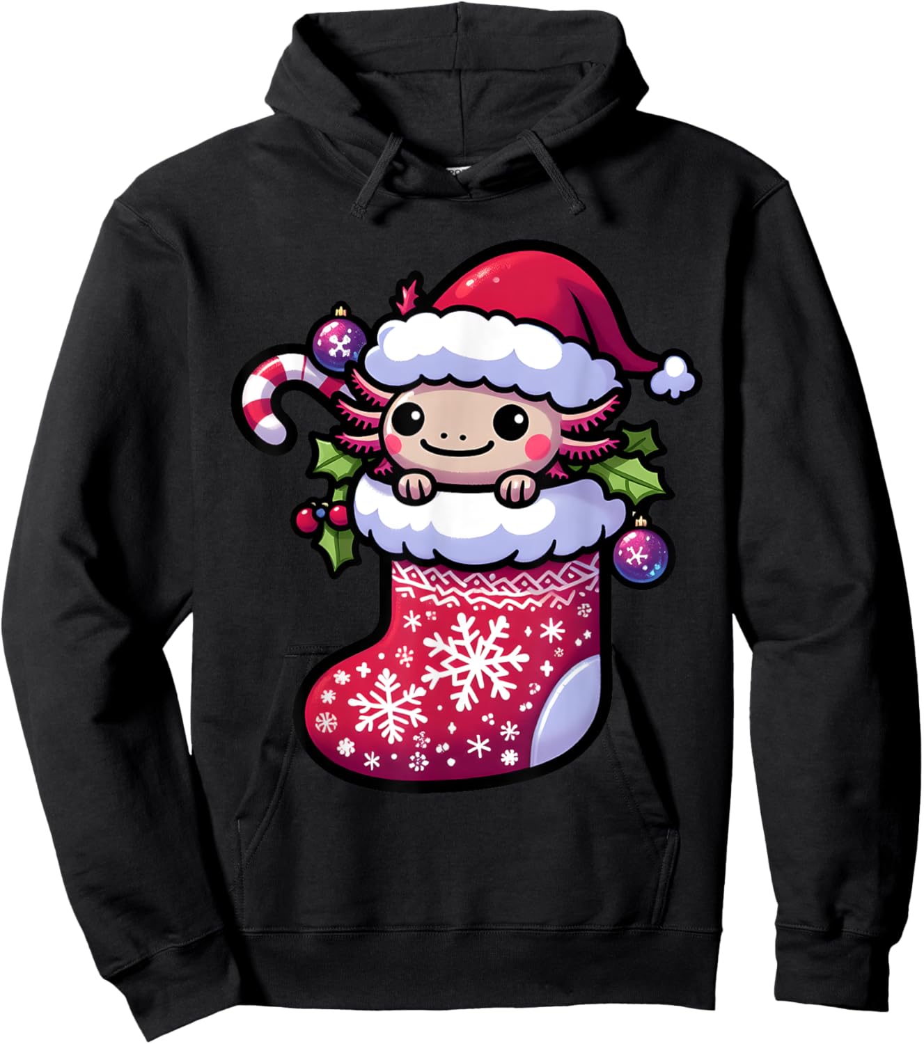Cute Christmas Candy Cane Santa Axolotl in Xmas Stocking Hoodie - Hoodie | Black
