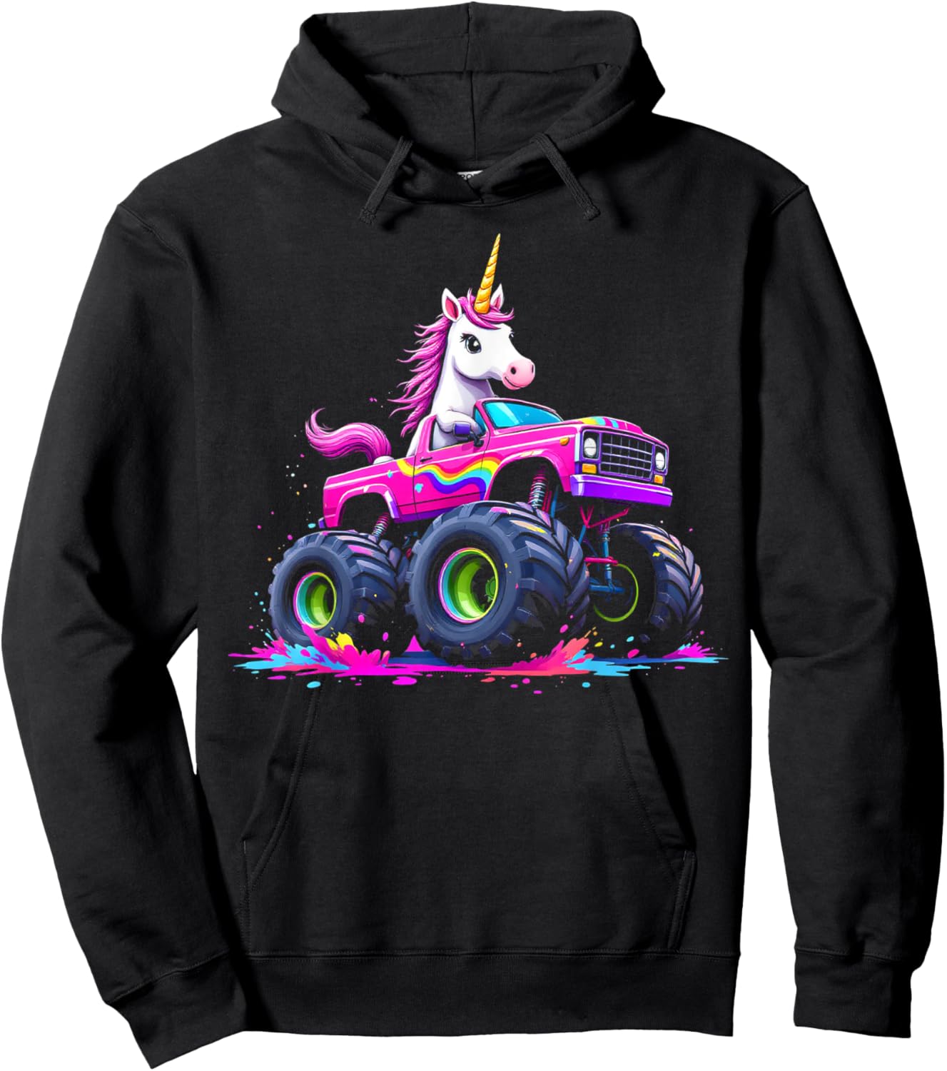 Monster Truck Unicorn Birthday Party Monster Truck Girl Hoodie - Hoodie | Black