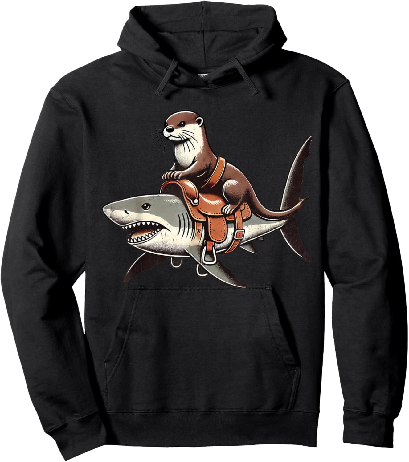 Vintage Funny Otter Art Retro Distressed Otter Riding Shark Hoodie - Hoodie | Black
