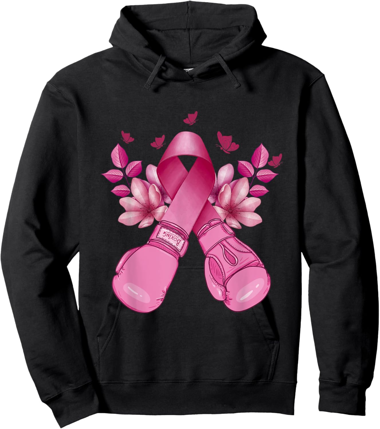 Boxing Gloves With Pink Ribbon Breast Cancer Supporter Gifts Hoodie - Hoodie | Black