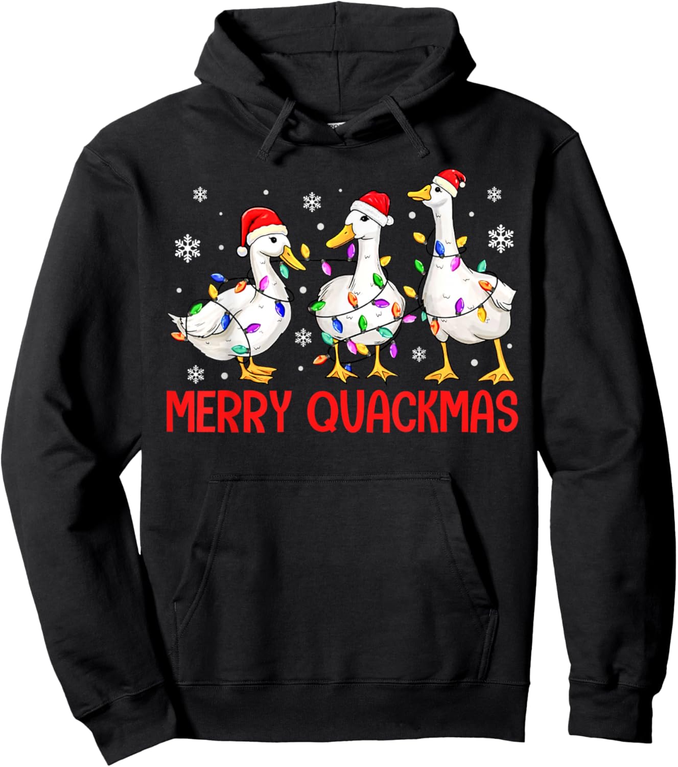 Funny Merry Quackmas Duck Santa Hat Christmas Lights Duck Hoodie - Hoodie | Black