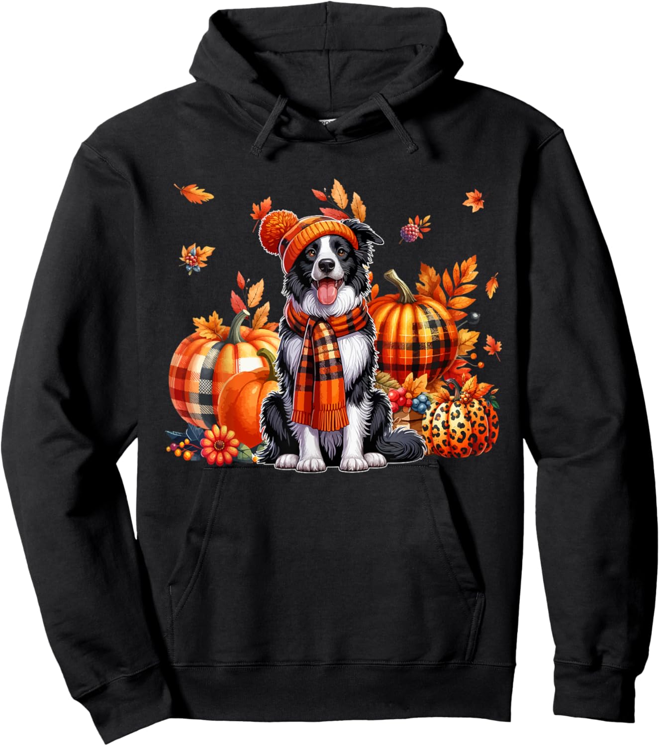 Border Collie Thanksgiving Leopard Pumpkins Fall Leaves Hoodie - Hoodie | Black