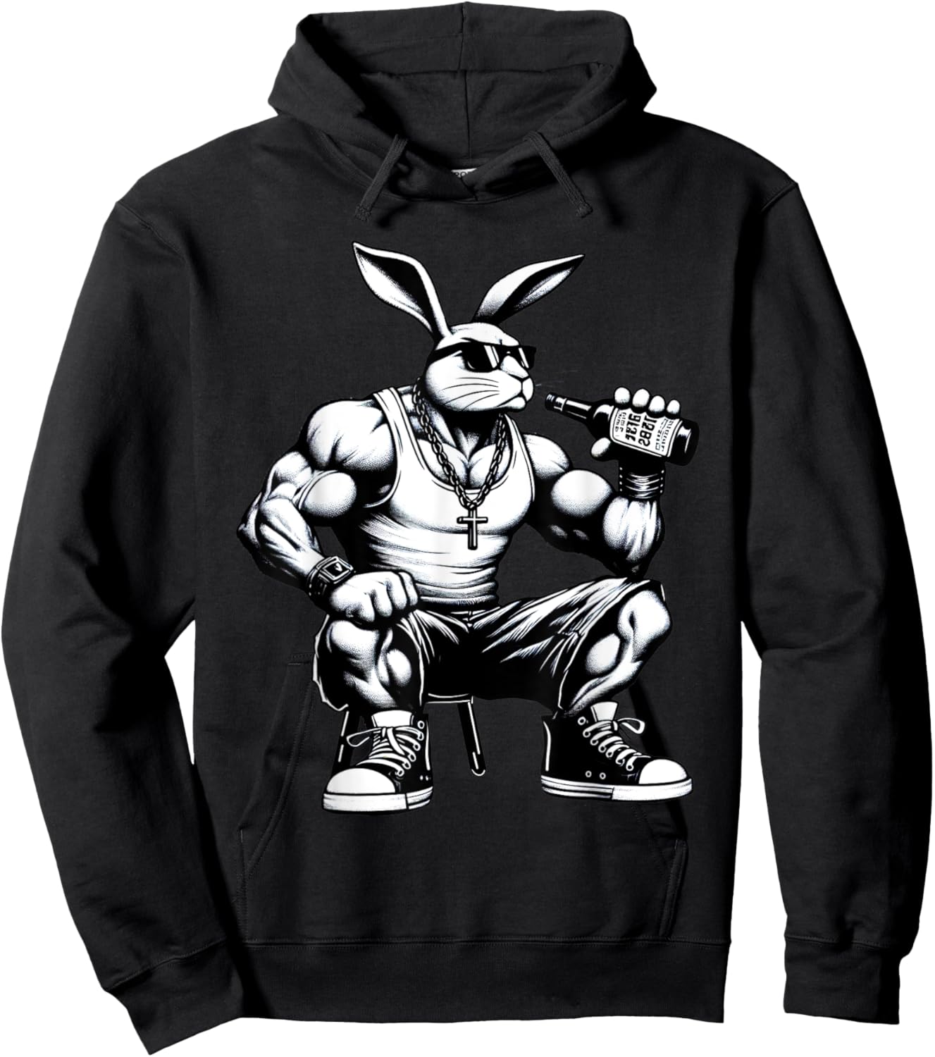Thug Bunny Drinking Beer Muscles Gangster Rabbit Lovers Art Hoodie - Hoodie | Black