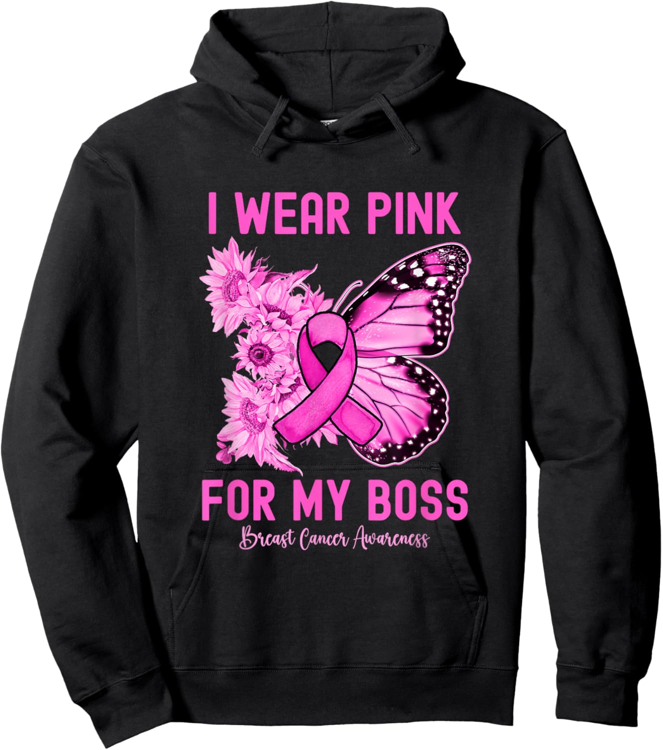 I Wear Pink For My Boss Butterfly Breast Cancer Awareness Hoodie - Hoodie | Black
