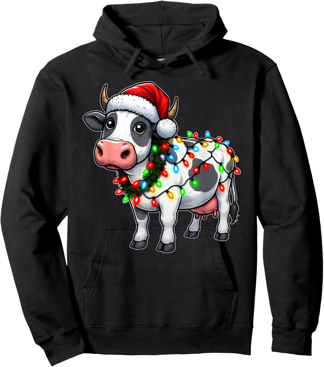 Merry Christmas Cow Santa Christmas Lights Cow Xmas Tree Hoodie - Hoodie | Black