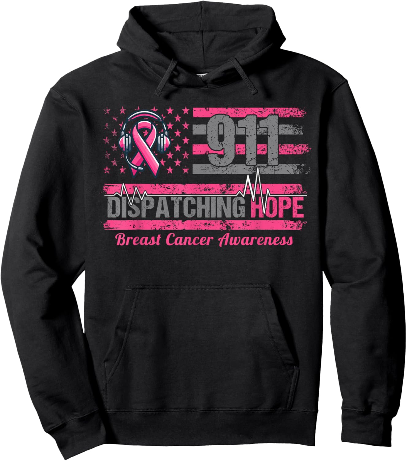 911 Dispatcher Breast Cancer Awareness American Flag Hoodie - Hoodie | Black