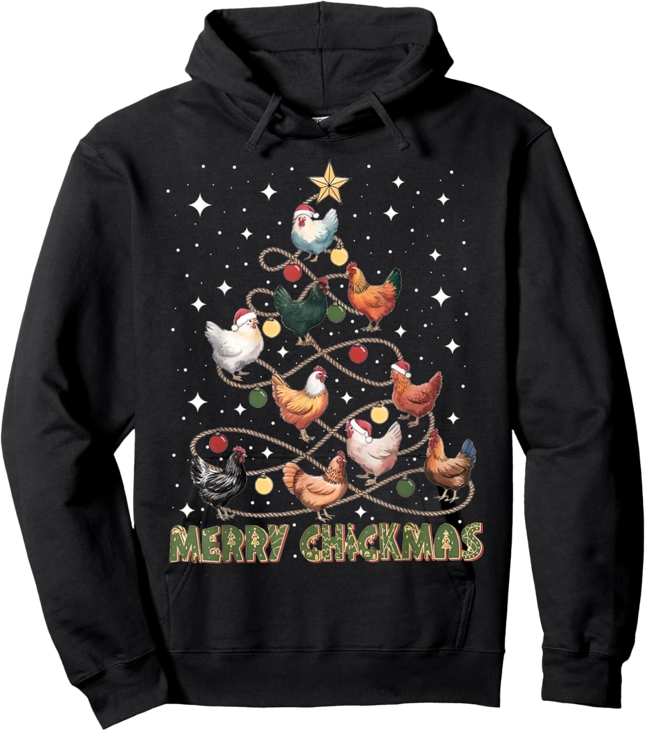 Merry Chickmas Chicken Christmas Tree Lights Farmer Gifts PJ Hoodie - Hoodie | Black