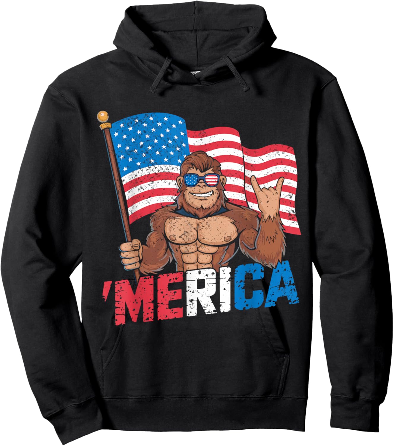 Bigfoot Merica Rock American Flag Patriotic 4th Of July Hoodie - Hoodie | Black