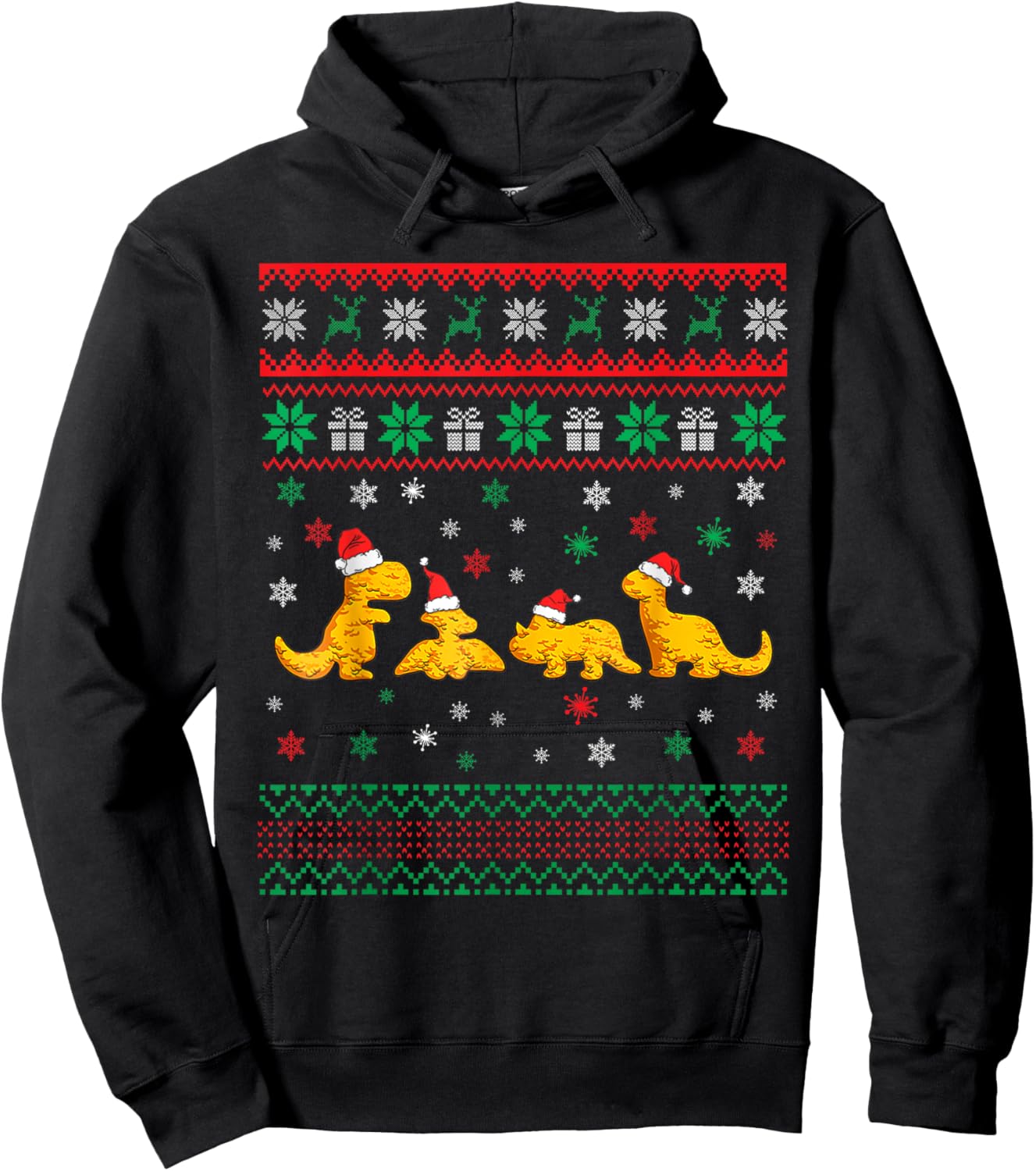 Dinosaur Dino Chicken Nuggets Ugly Christmas Pajama Xmas Hoodie - Hoodie | Black