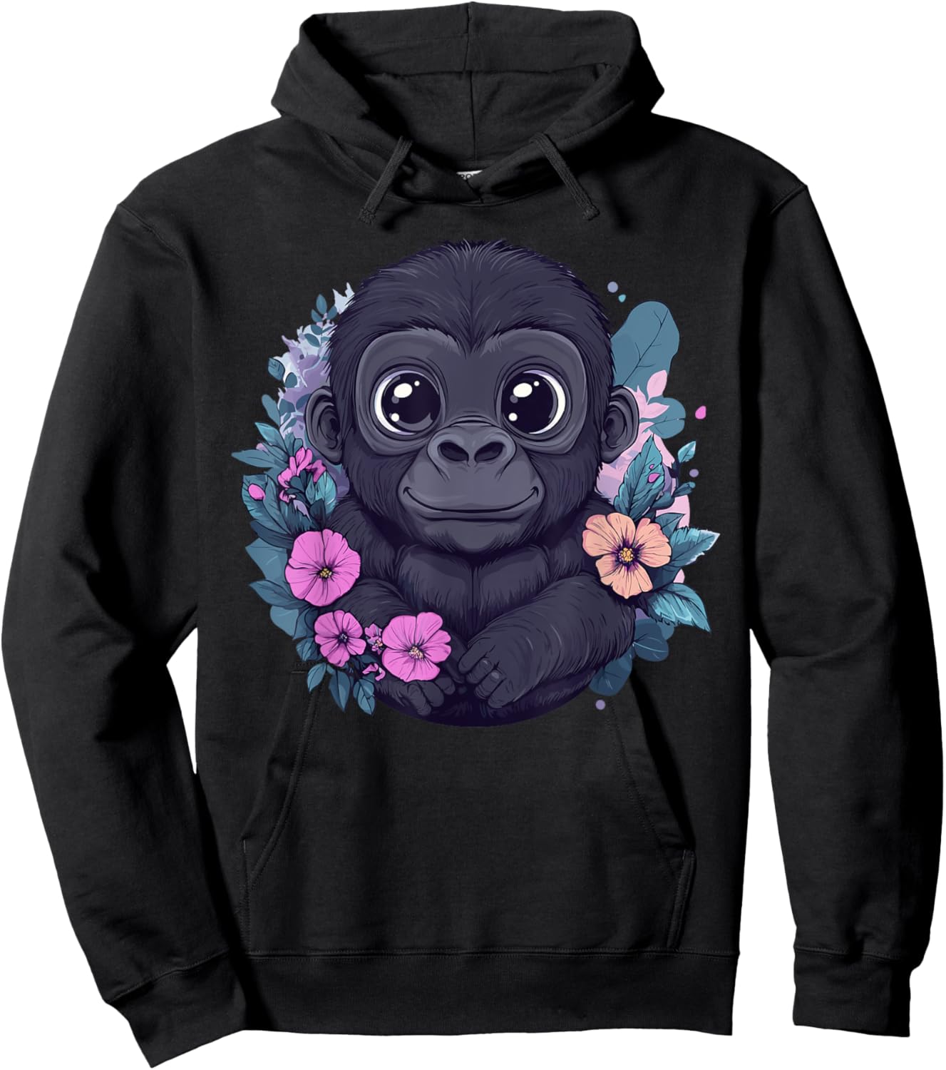 Adorable Baby Gorilla Surrounded By Flowers Hoodie - Hoodie | Black