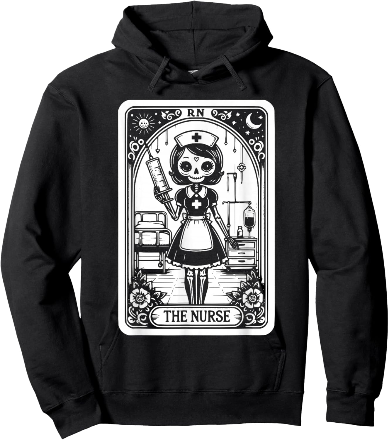 Funny Spooky Skeleton RN Nurse The Nurse Tarot Card Nursing Hoodie - Hoodie | Black