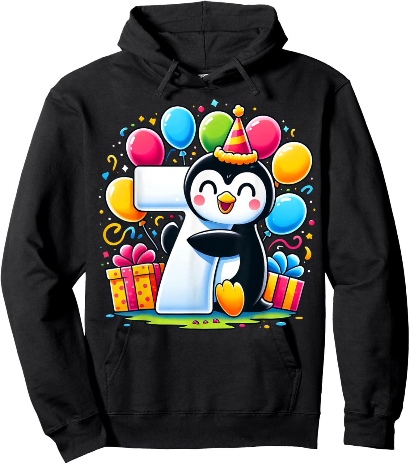 Kids Penguin Theme seventh Bday Party 7th Penguin Birthday Hoodie - Hoodie | Black