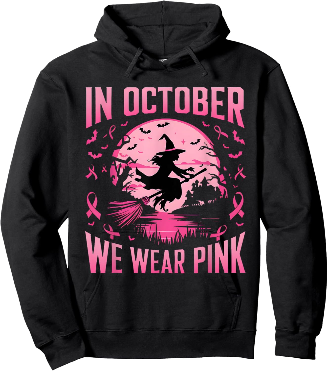 In October We Wear Pink Witch Riding Broom Breast Cancer Hoodie - Hoodie | Black