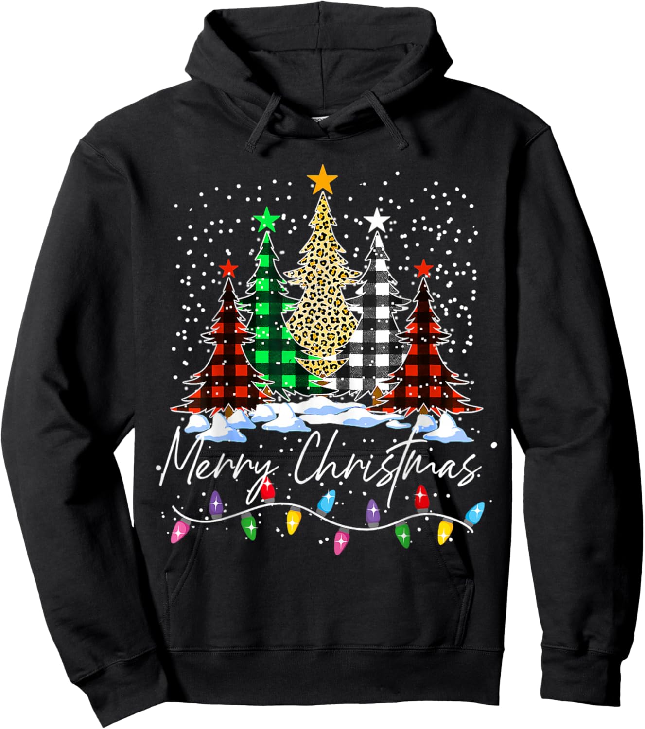 Merry Christmas Trees With Buffalo Red Plaid Leopard Xmas Hoodie - Hoodie | Black