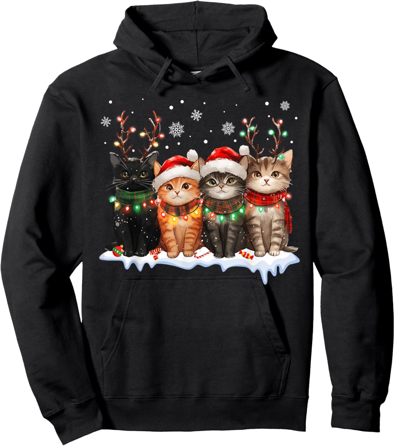 Cat Christmas Light Reindeer Santa Christmas Cat Lover Women Kids Hoodie - Hoodie | Black