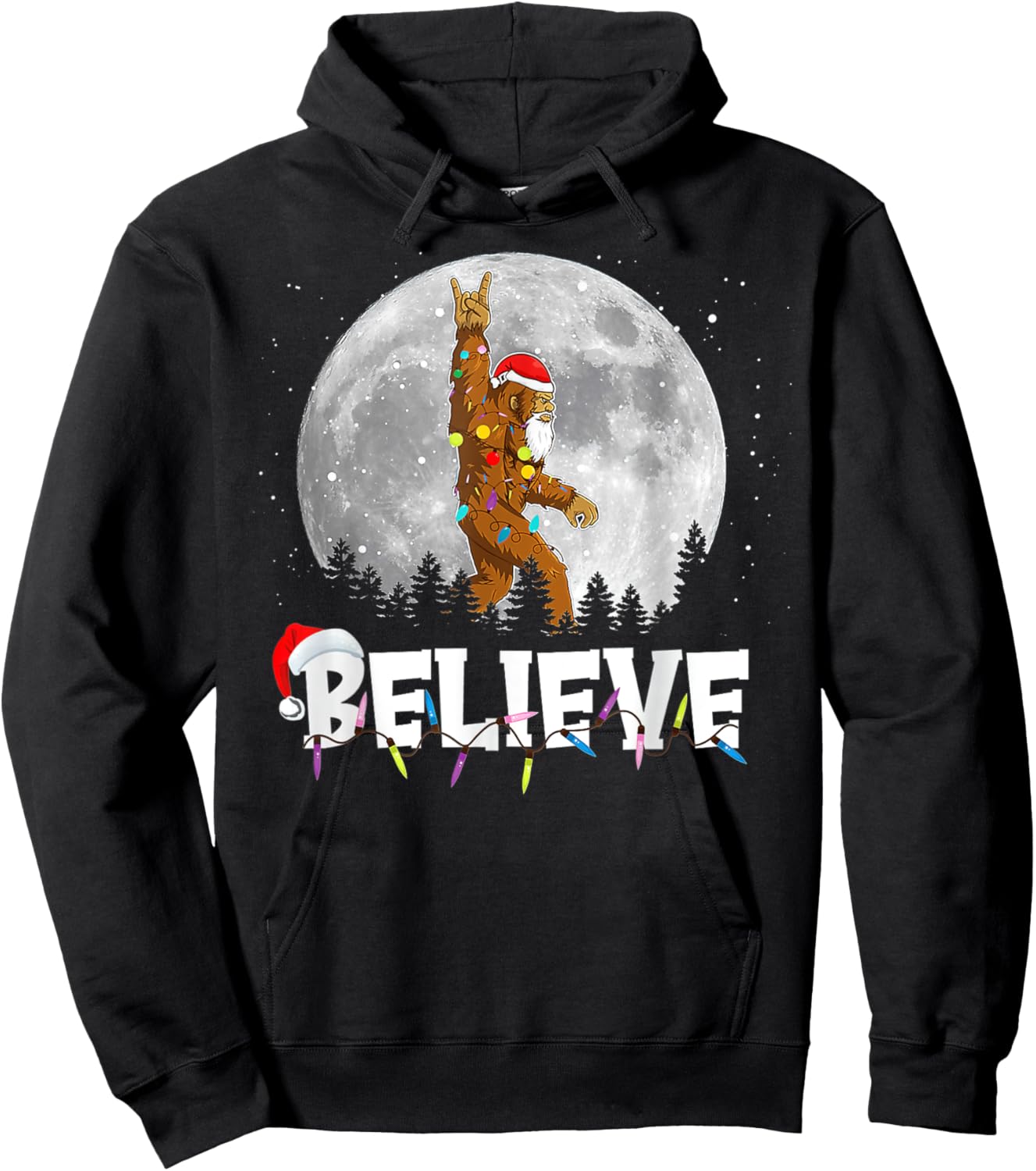 Santa Bigfoot Christmas Light Funny Sasquatch Believe Xmas Hoodie - Hoodie | Black