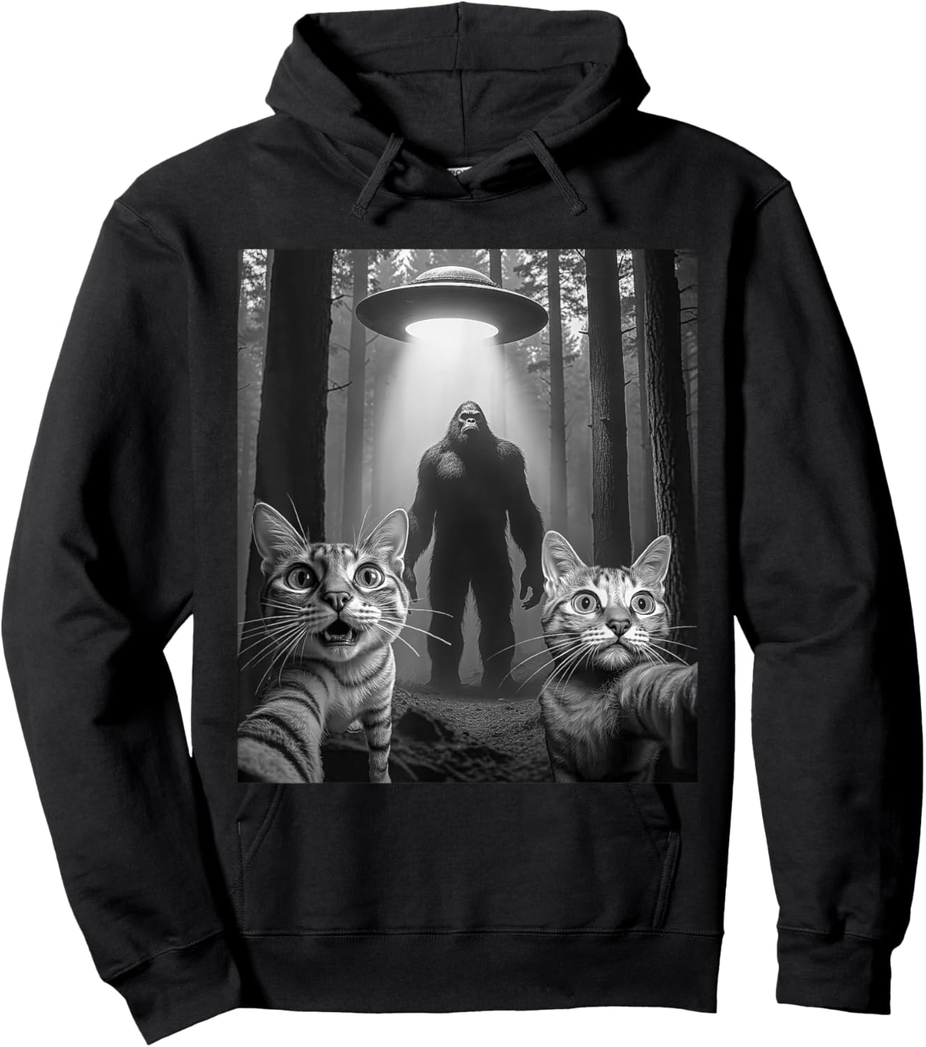 Funny Surprised Cat Selfie With Bigfoot Sasquatch Alien UFO Hoodie - Hoodie | Black