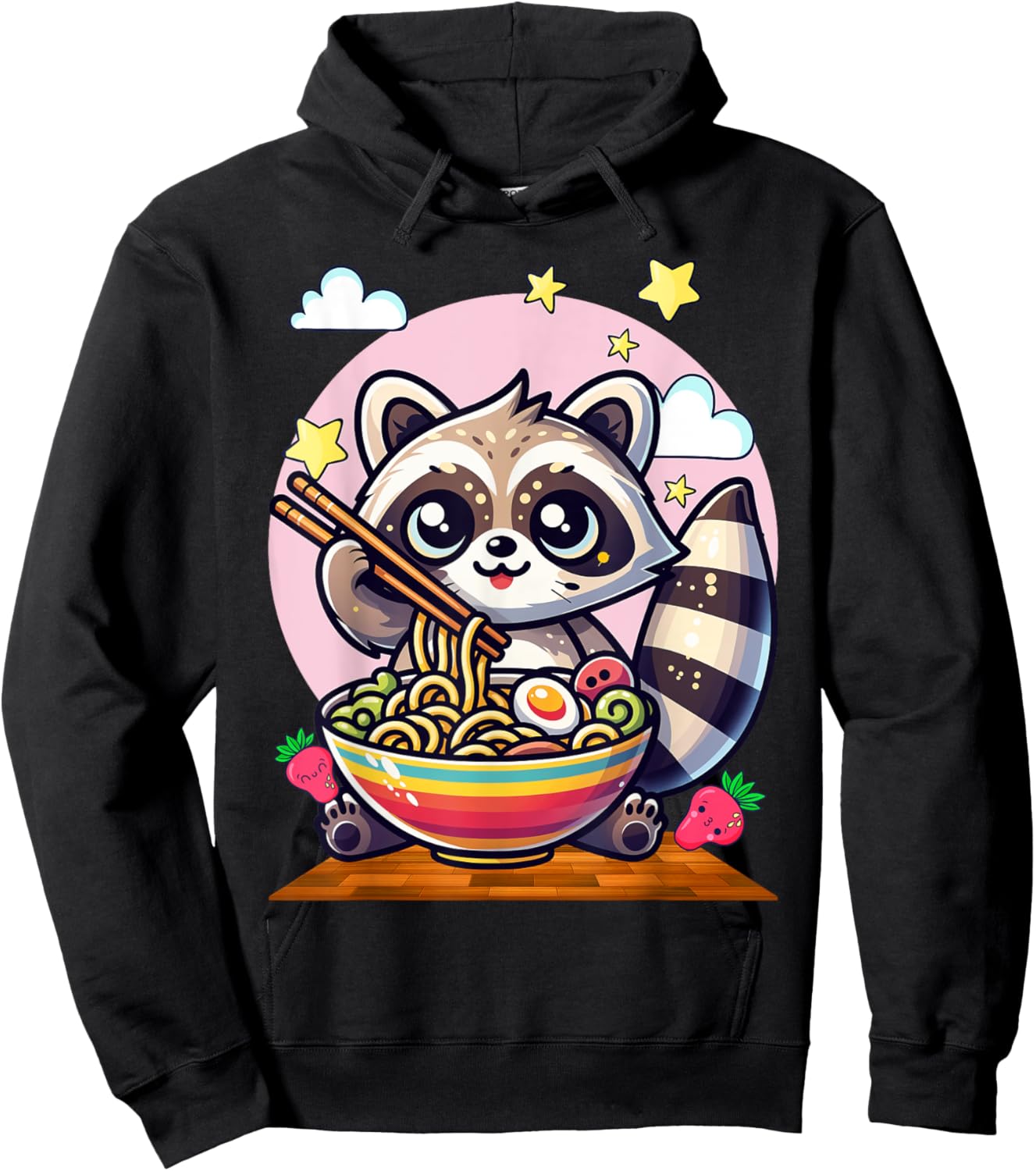 Raccoon Noodles Lover Gift Co. -Adults & Kids Raccoon Eating Japanese Noodles Kawaii Ramen Bowl - Black, Small, Short Sleeve Hoodie - Hoodie | Black
