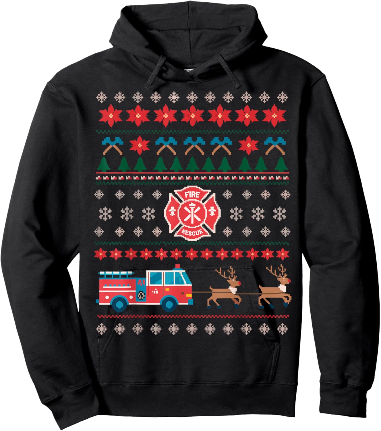 Firefighter Fire Rescue Funny Christmas Ugly Sweater Hoodie - Hoodie | Black