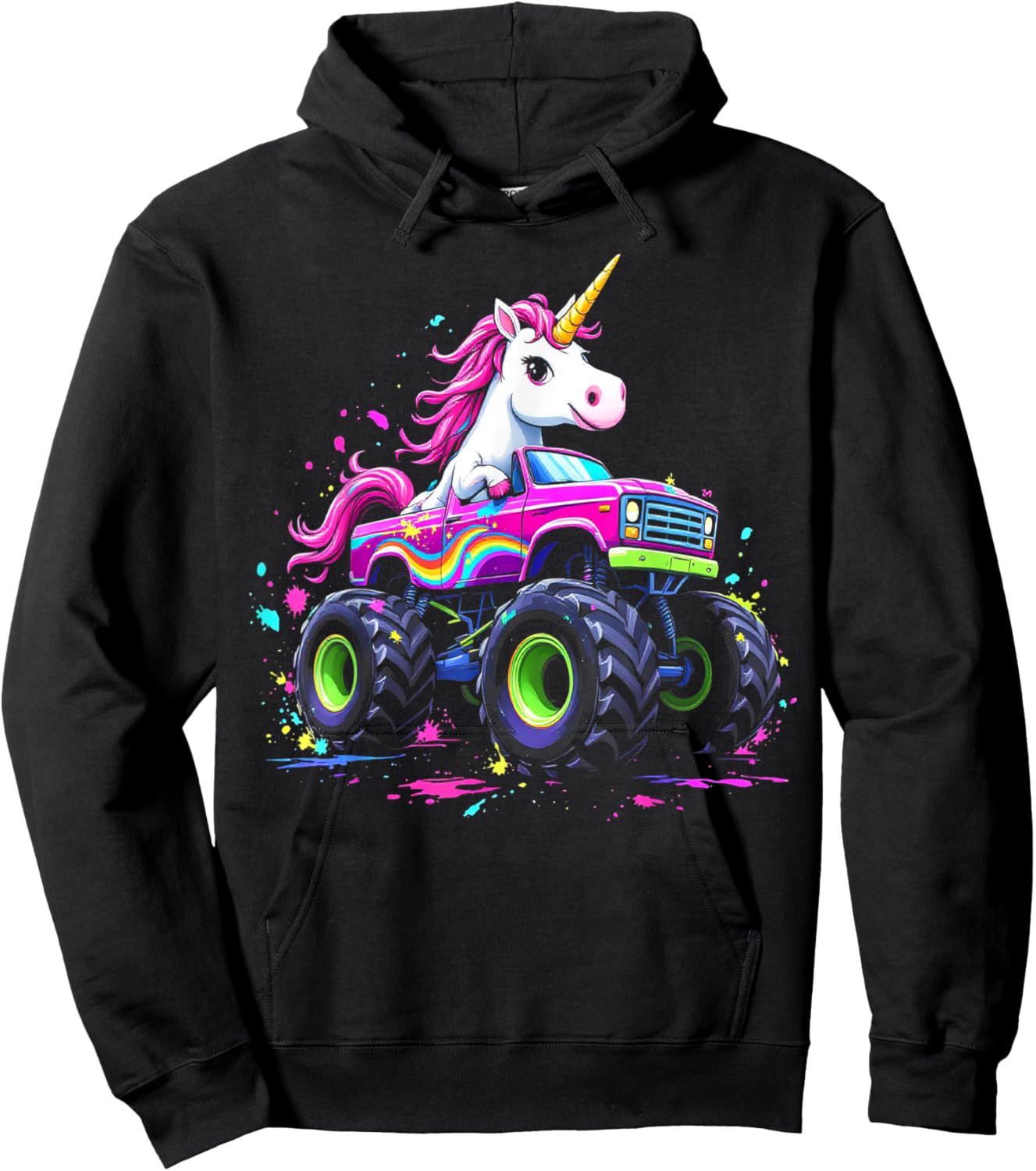 Monster Truck Unicorn Birthday Party Monster Truck Girl Hoodie - Hoodie | Black