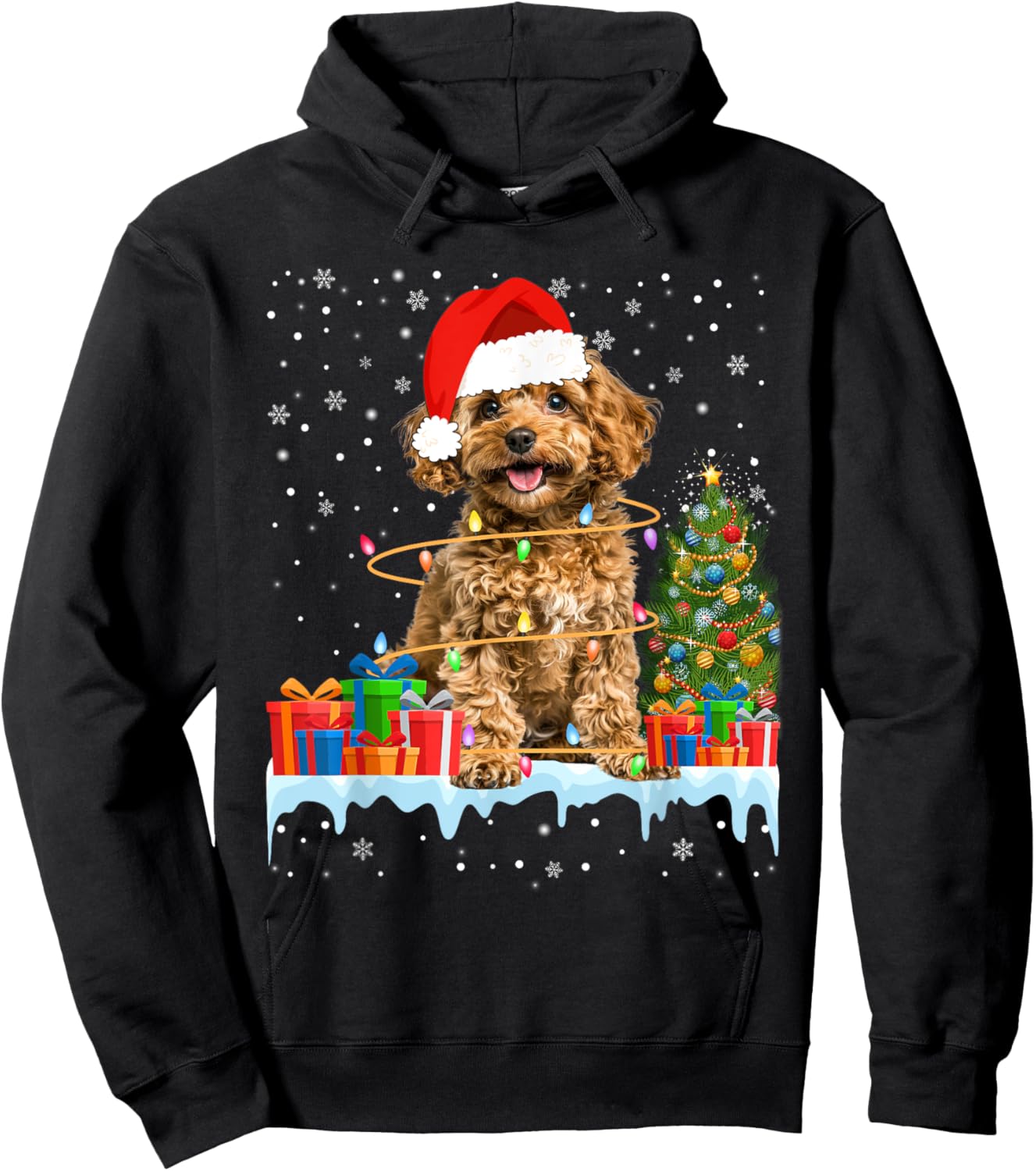 Funny Santa Poodle Dog Christmas Lights Xmas Pajamas Hoodie - Hoodie | Black