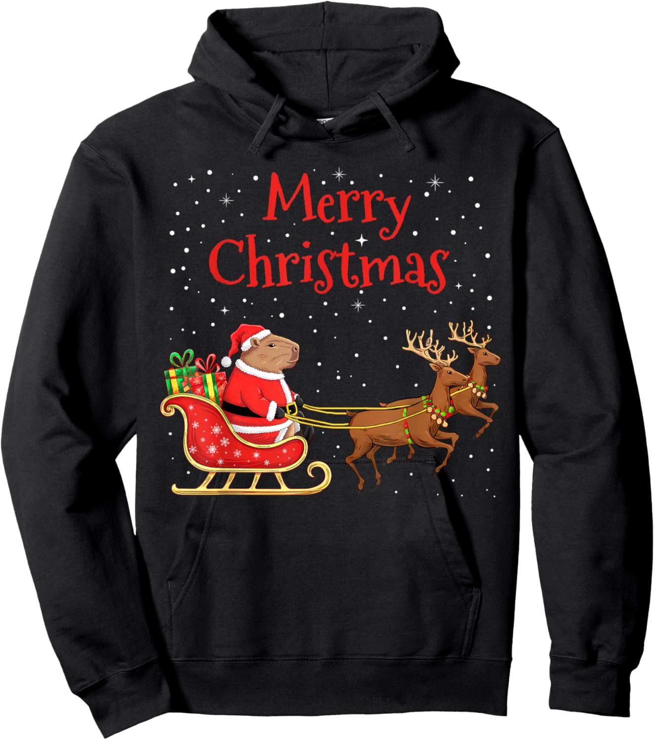 Merry Christmas Capybara Riding Santa Sleigh With Reindeer Hoodie - Hoodie | Black