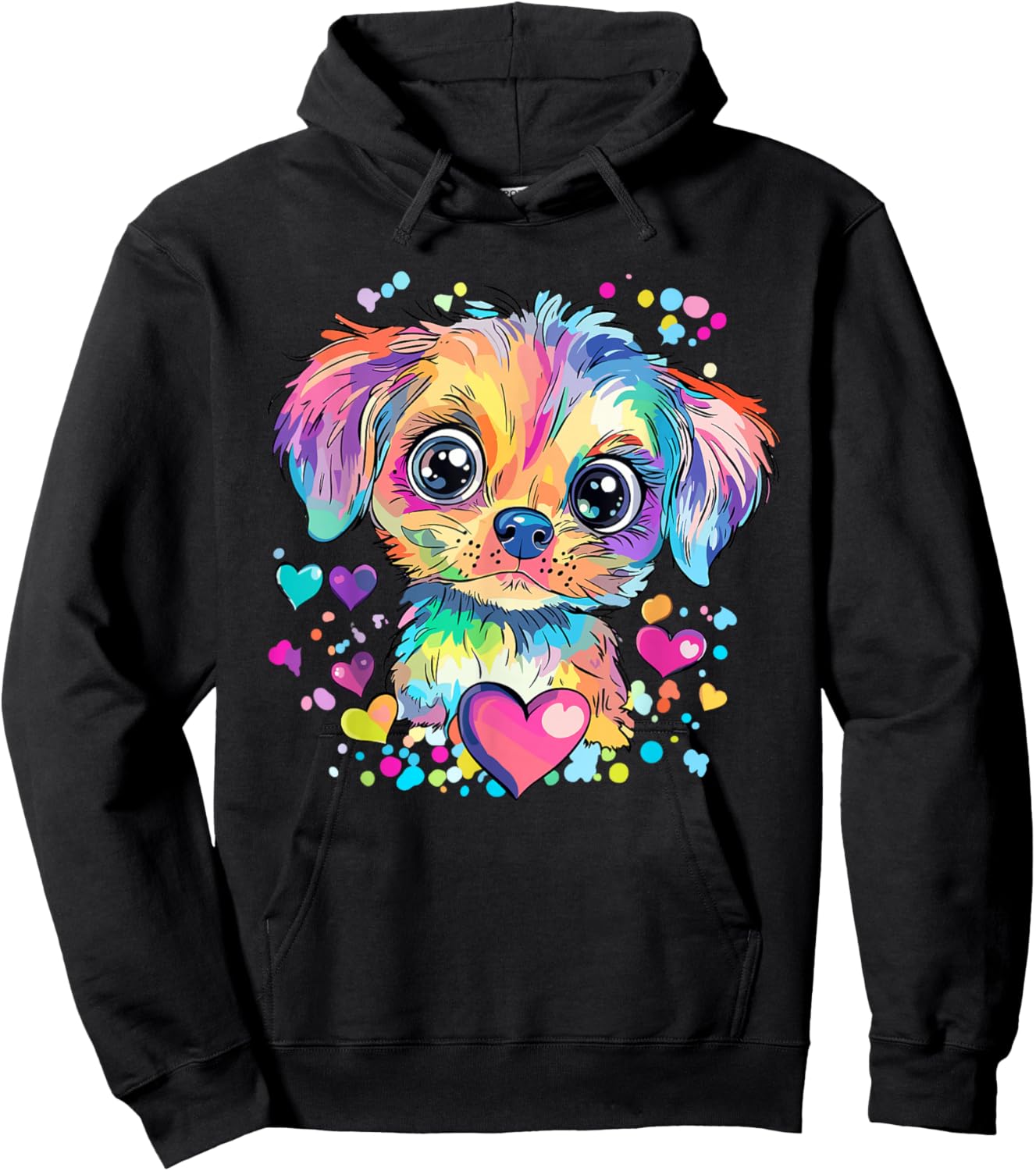 Rainbow Puppy with Hearts Hoodie - Hoodie | Black