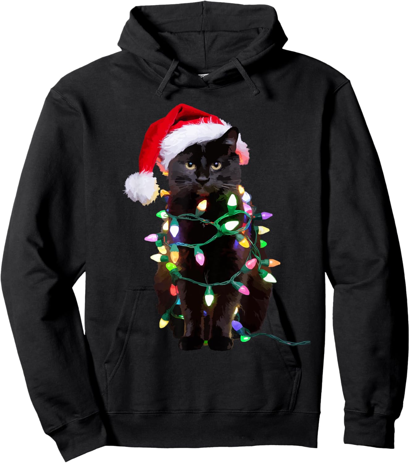 Black Cat Christmas Tree Lights Funny Santa Kitten Led Light Hoodie - Hoodie | Black