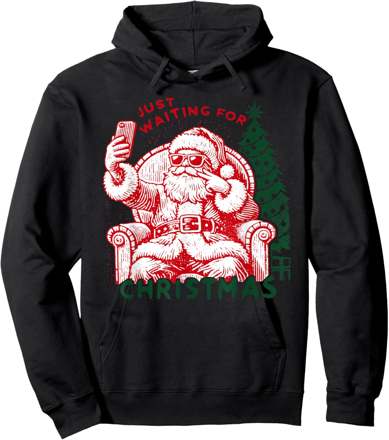 Retro Just Waiting For Christmas, Christmas Funny Santa Hoodie - Hoodie | Black