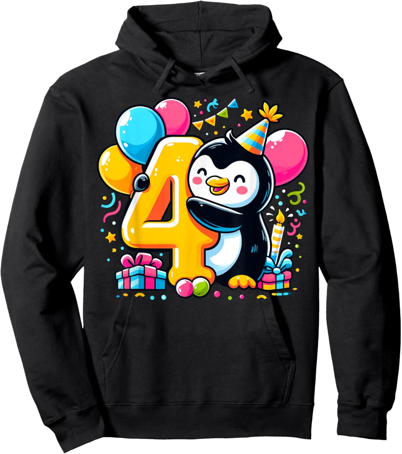 Kids Penguin Theme fourth Bday Party 4th Penguin Birthday Hoodie - Hoodie | Black