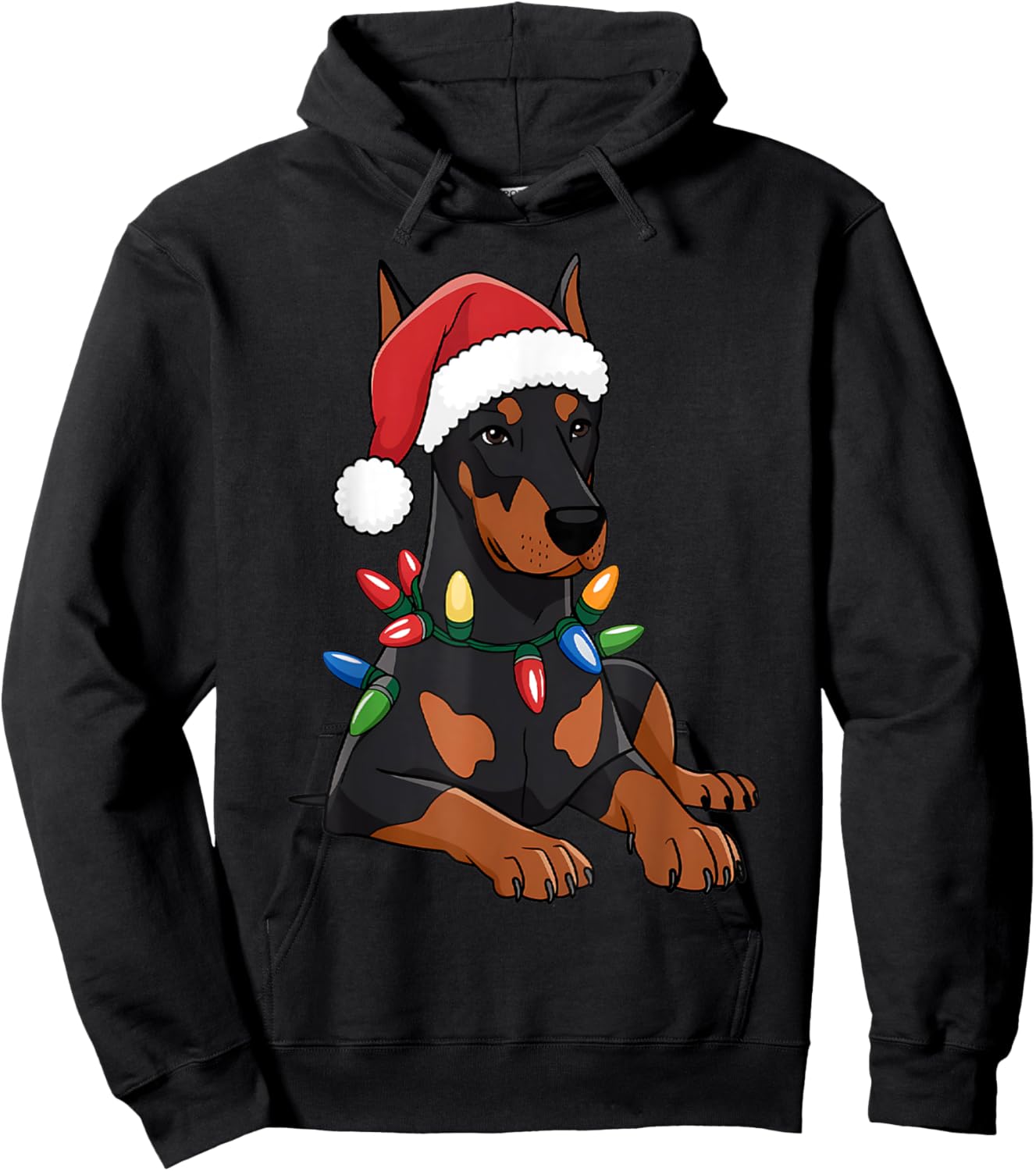 Doberman Santa Christmas Lights Dog Lover Xmas Men Women Hoodie - Hoodie | Black