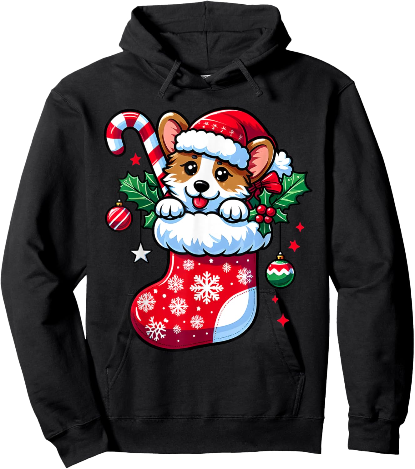Cute Christmas Candy Cane Santa Corgi Dog in Xmas Stocking Hoodie - Hoodie | Black