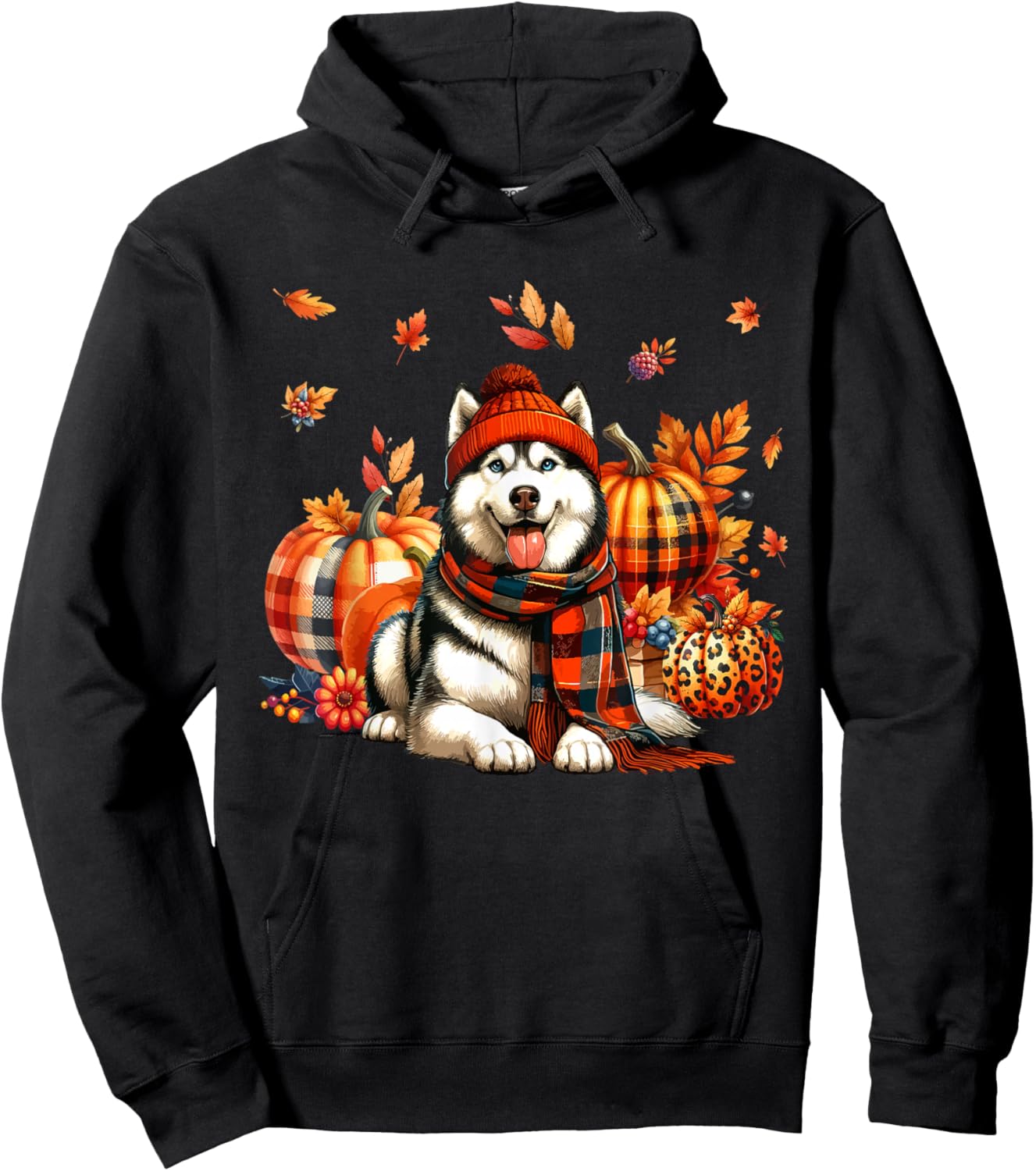 Husky Thanksgiving Leopard Pumpkins Fall Leaves Lover Hoodie - Hoodie | Black