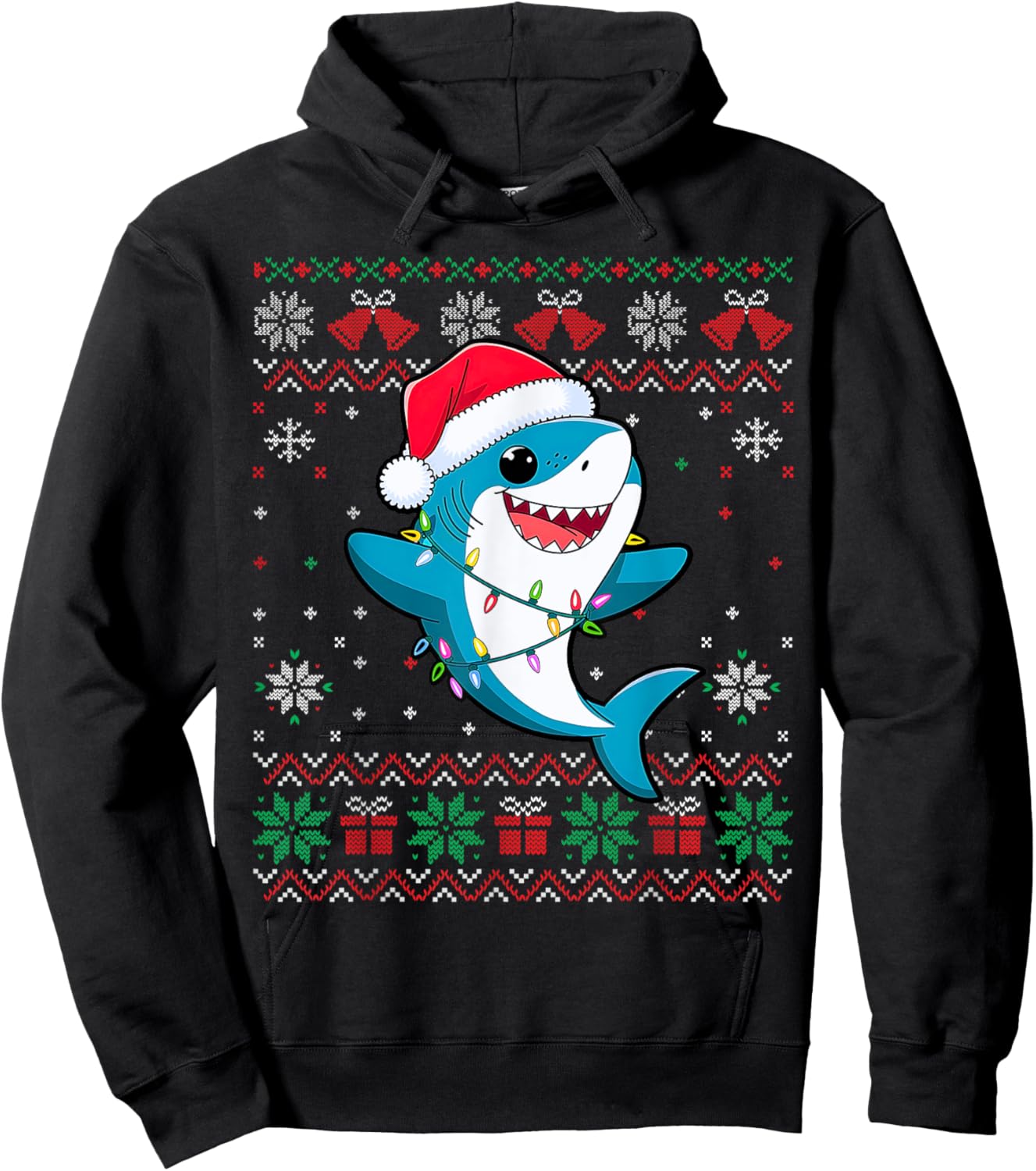 Funny Ugly Christmas Tree Shark Santa Hat Lights Xmas Hoodie - Hoodie | Black