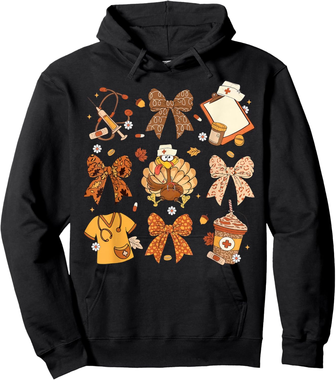Coquette Bow Nurse Thanksgiving Turkey Scrub Top Hoodie - Hoodie | Black