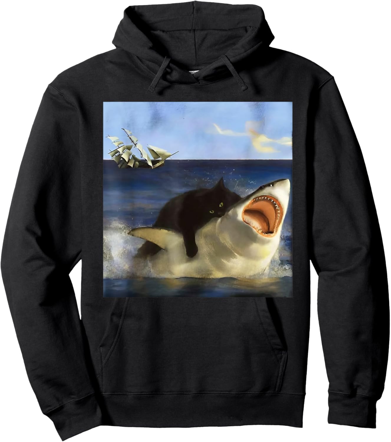 Graphic Cute Kitten Funny Animal Vintage Art Cat Meme Shark Women Girls Kids Hoodie - Hoodie | Black
