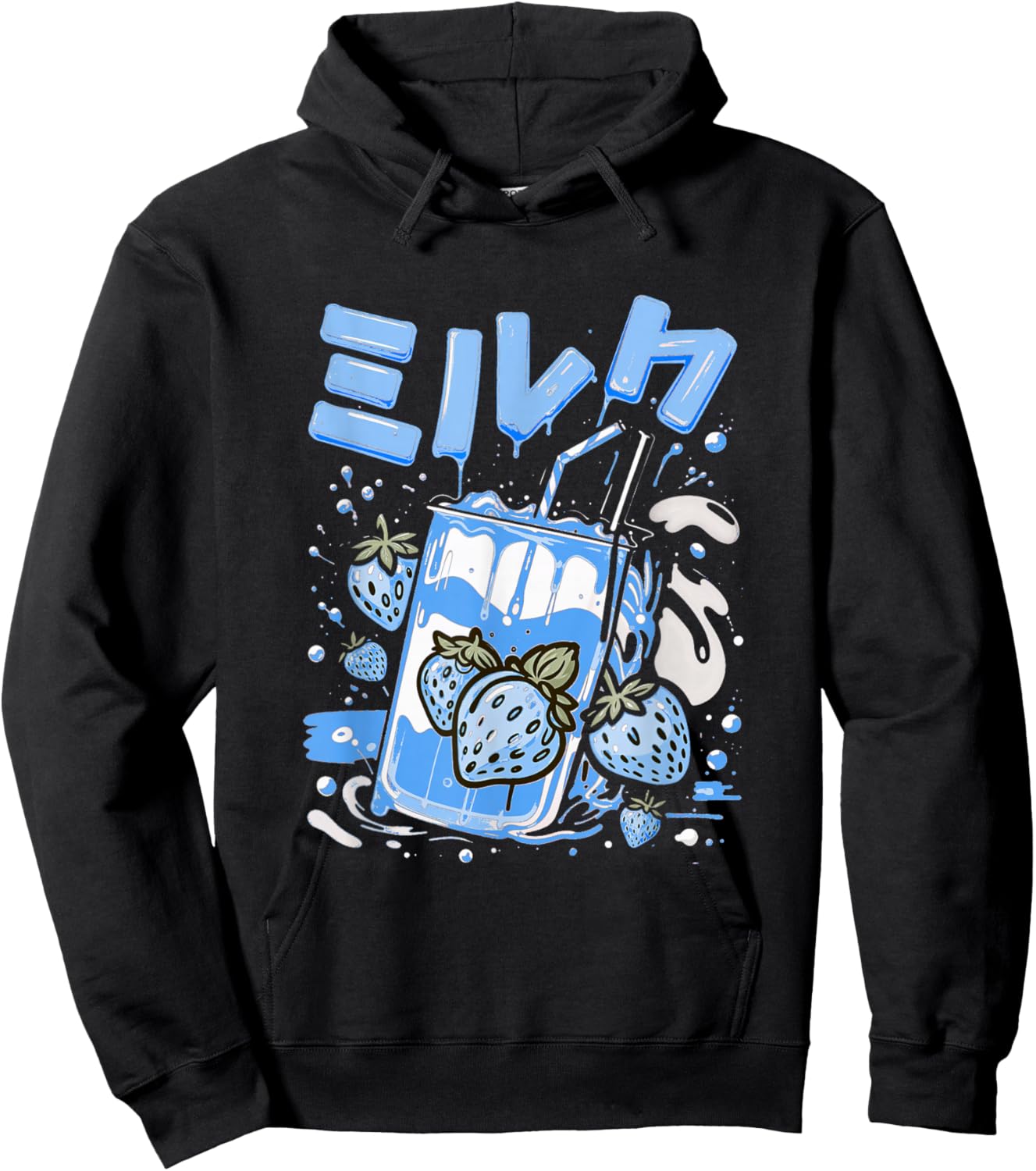 Blue Strawberry Milk Blue Color Graphic Hoodie - Hoodie | Black