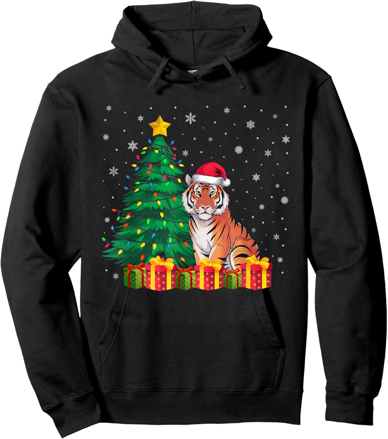Ugly Bengal Tiger Santa Hat Christmas Tree Lights Pajama Hoodie - Hoodie | Black