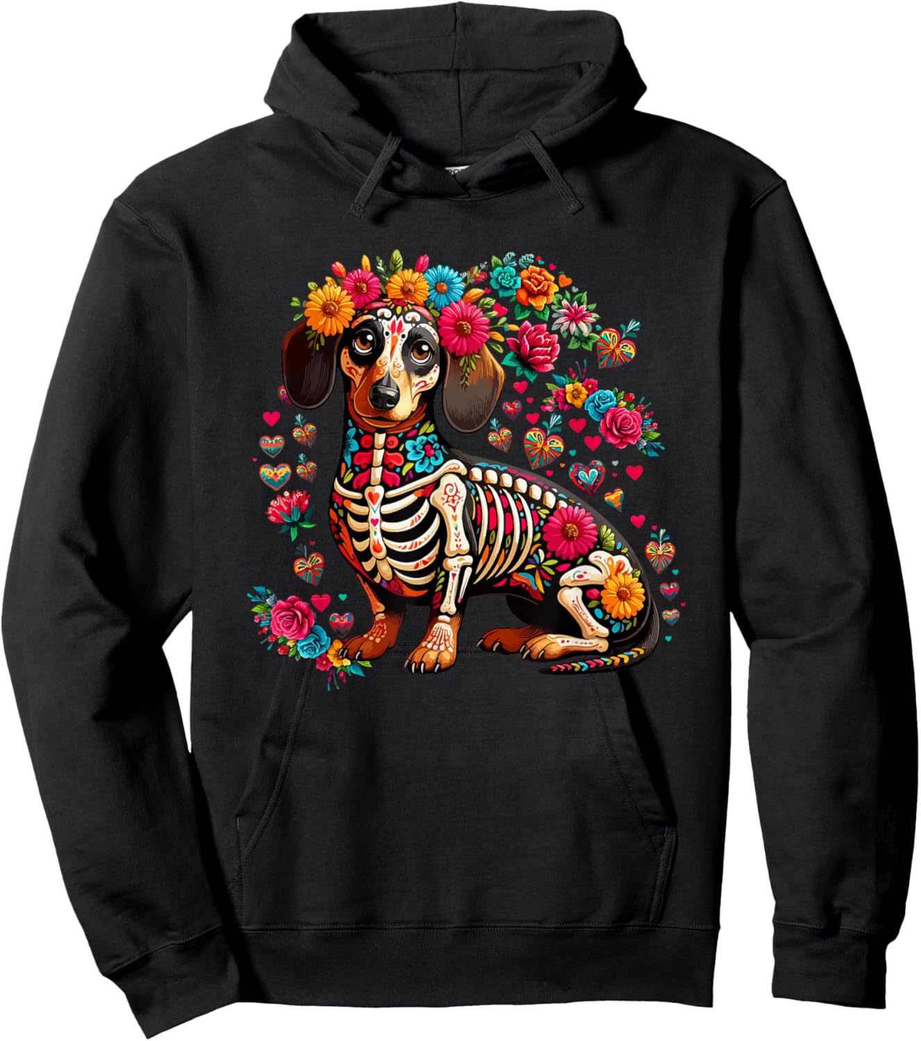 Dachshund Floral Skeleton Dia De Los Muertos Mexican Lover Hoodie - Hoodie | Black