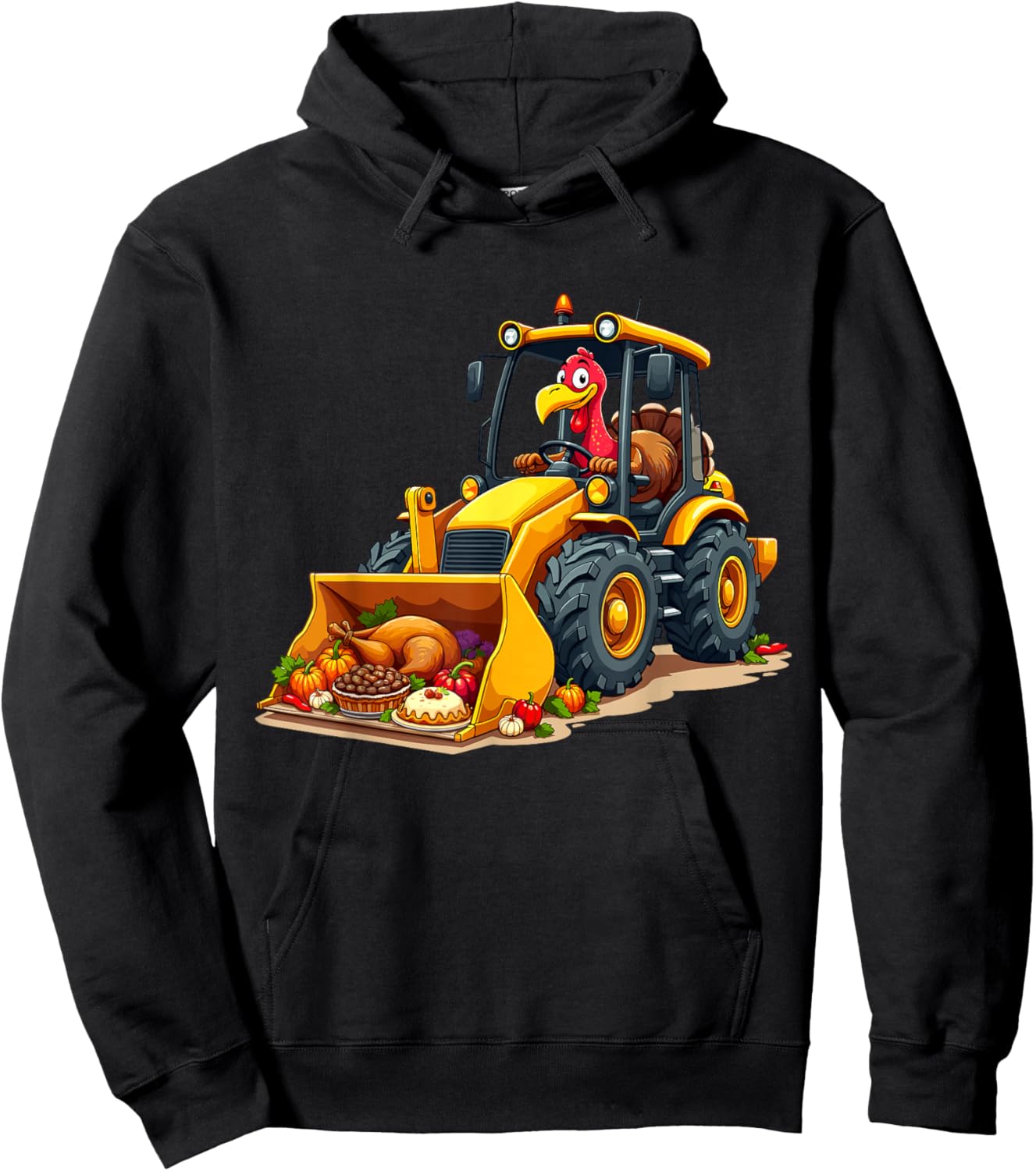 Boys Thanksgiving Kids Thanksgiving Funny Turkey Driving Loader with Harvest Feast Hoodie - Hoodie | Black