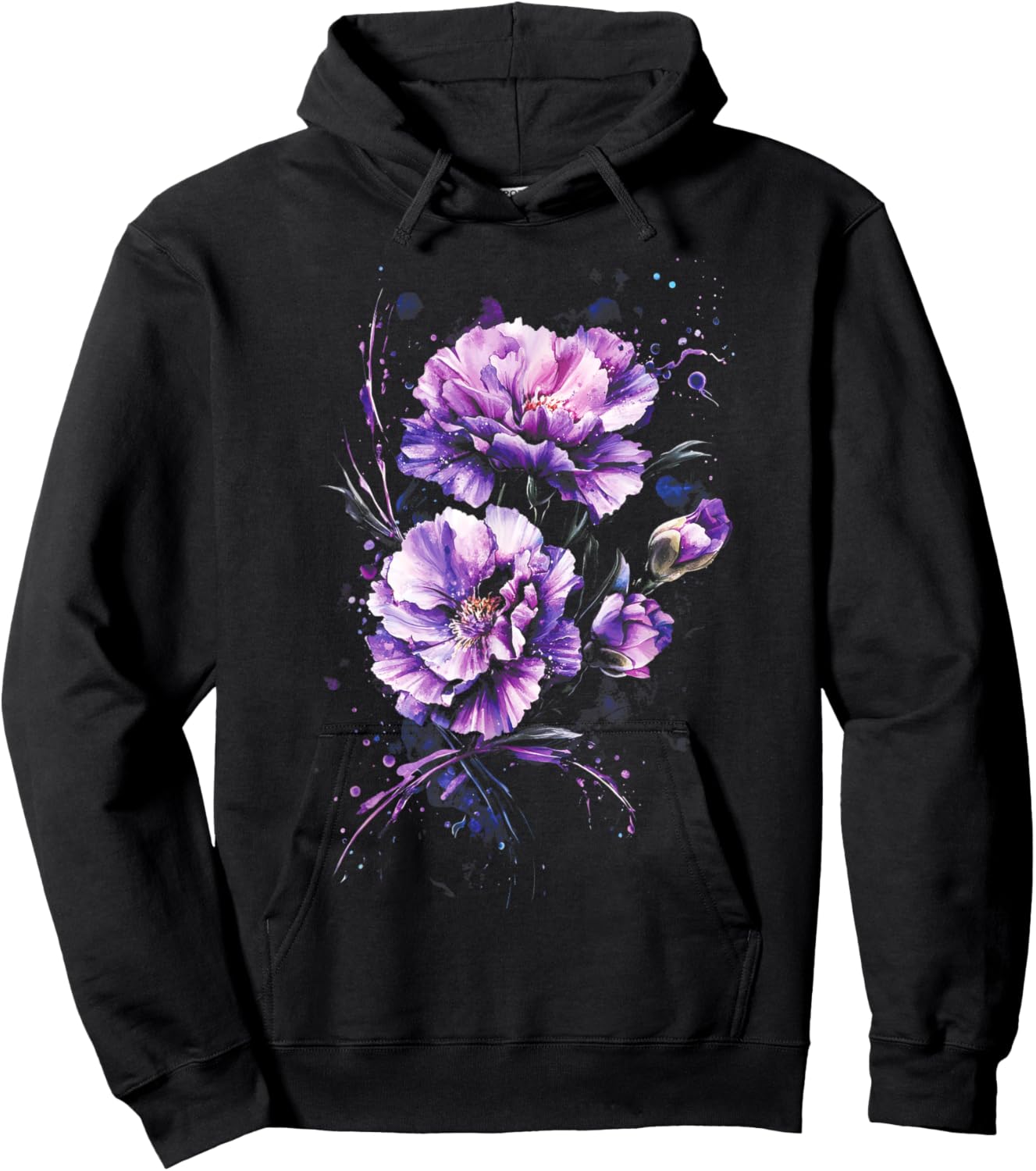 Purple Carnations Watercolor Splash Effect Floral Hoodie - Hoodie | Black