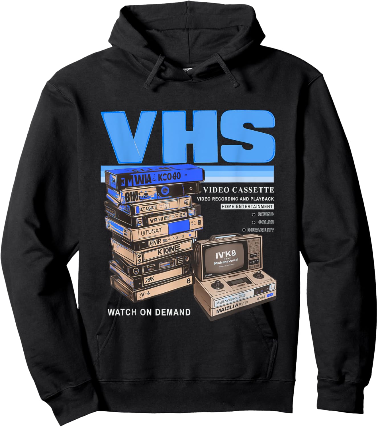 Blue VHS and Chill Blue Color Graphic Hoodie - Hoodie | Black