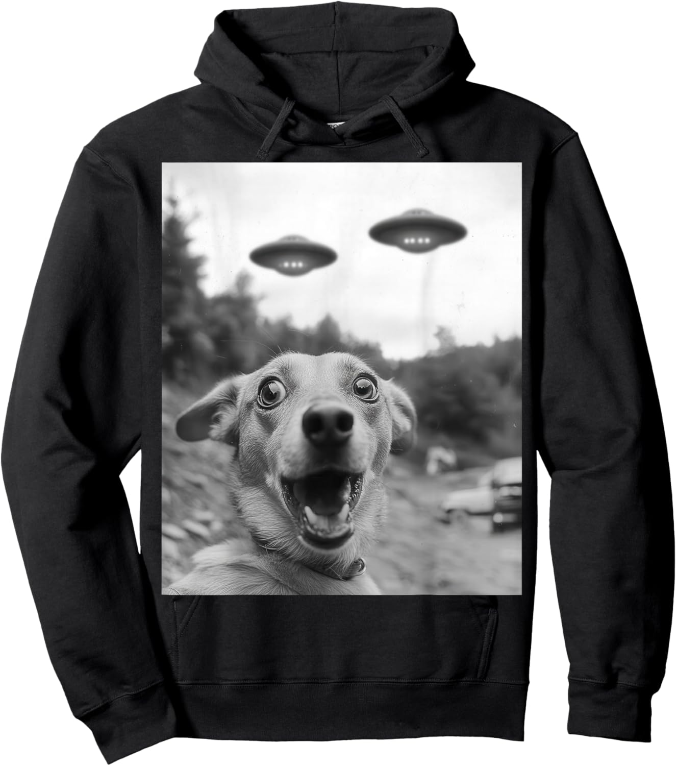 Funny dog Selfie with UFOs Weird dog Hoodie - Hoodie | Black