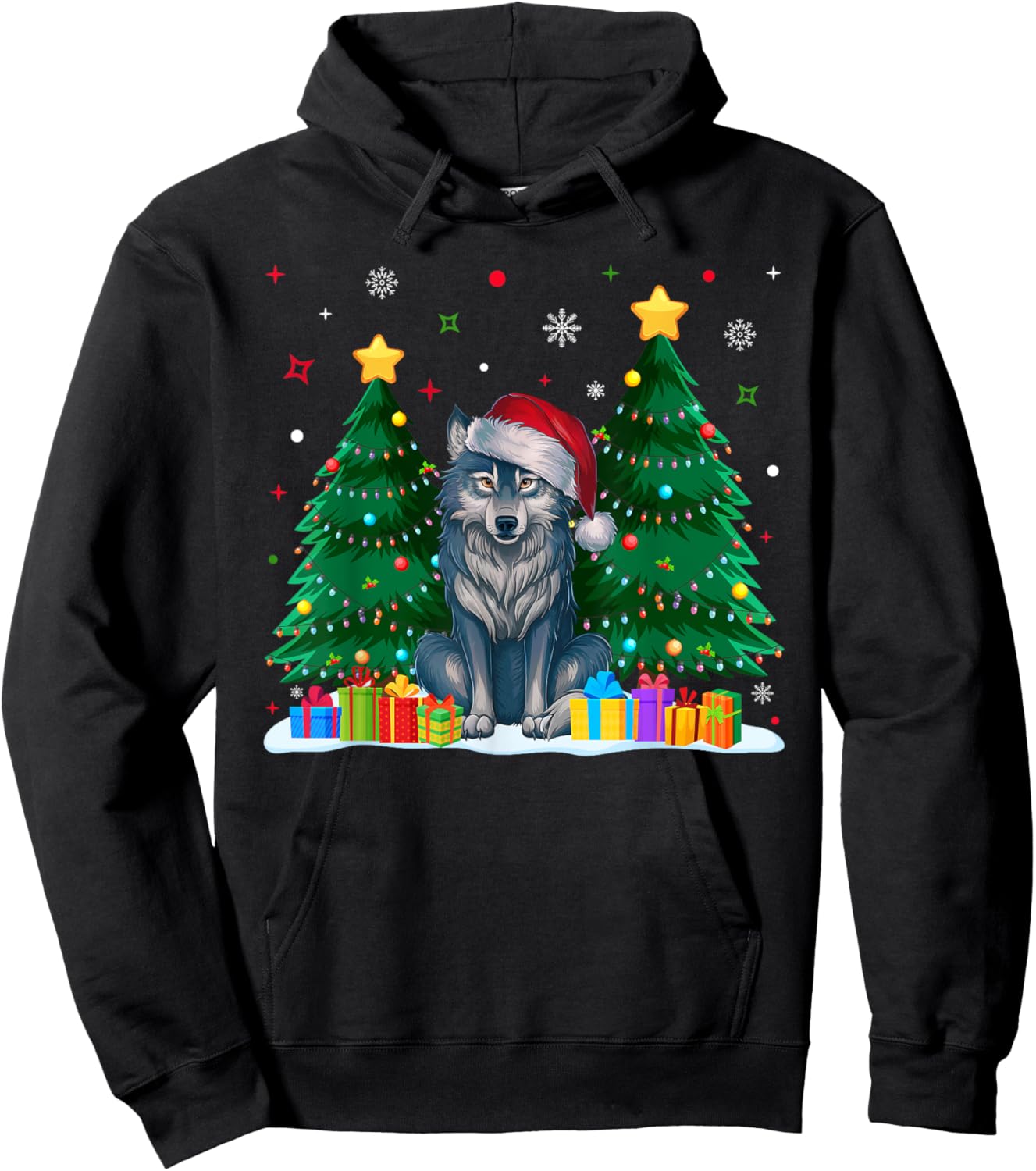 Funny Animal Lovers Wolf Santa Hat Ugly Christmas Sweater Hoodie - Hoodie | Black